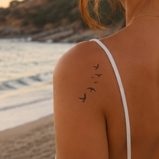 Fliegende Vögel Tattoo von minink, der Marke für temporäre Tattoos.