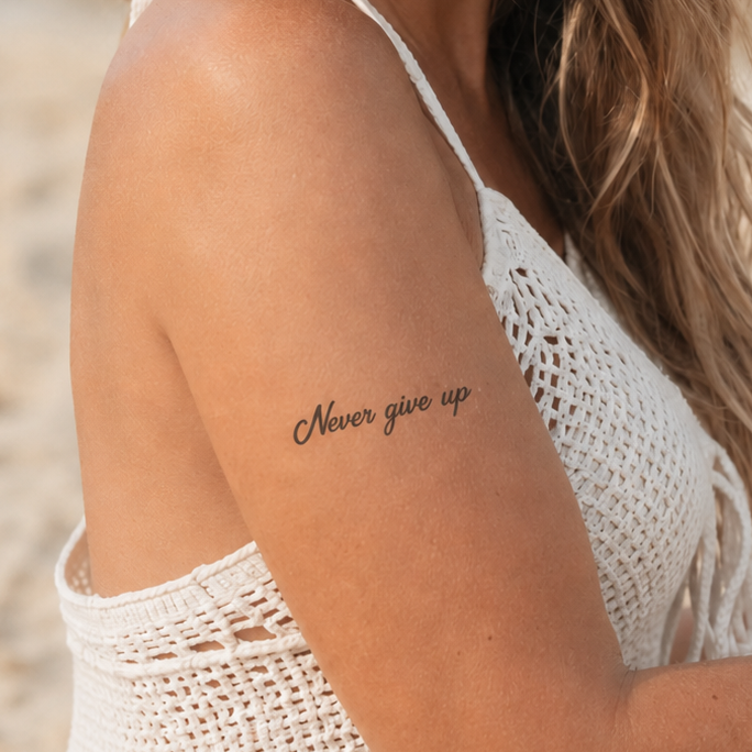 Never give up Tattoo von minink, der Marke für temporäre Tattoos.