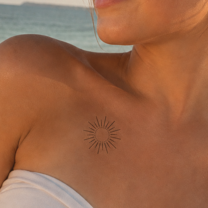 Kunstvolle Sonne Tattoo von minink, der Marke für temporäre Tattoos.