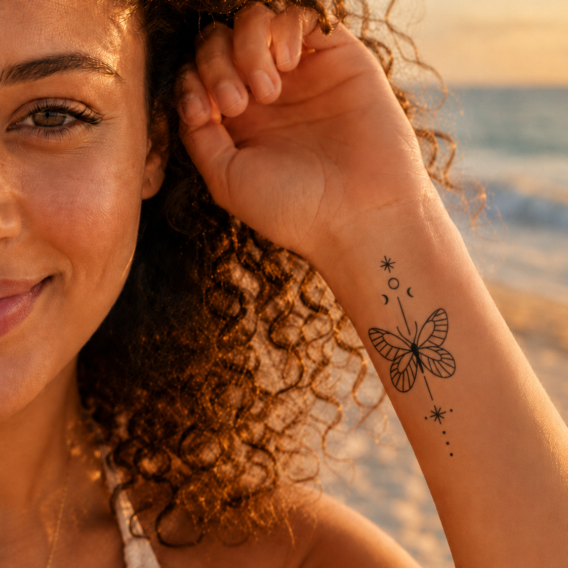 Schmetterling und Sterne Tattoo von minink, der Marke für temporäre Tattoos.