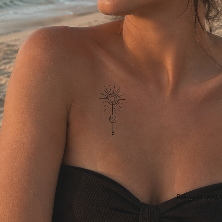 Sonne mit Halbmond Tattoo von minink, der Marke für temporäre Tattoos.