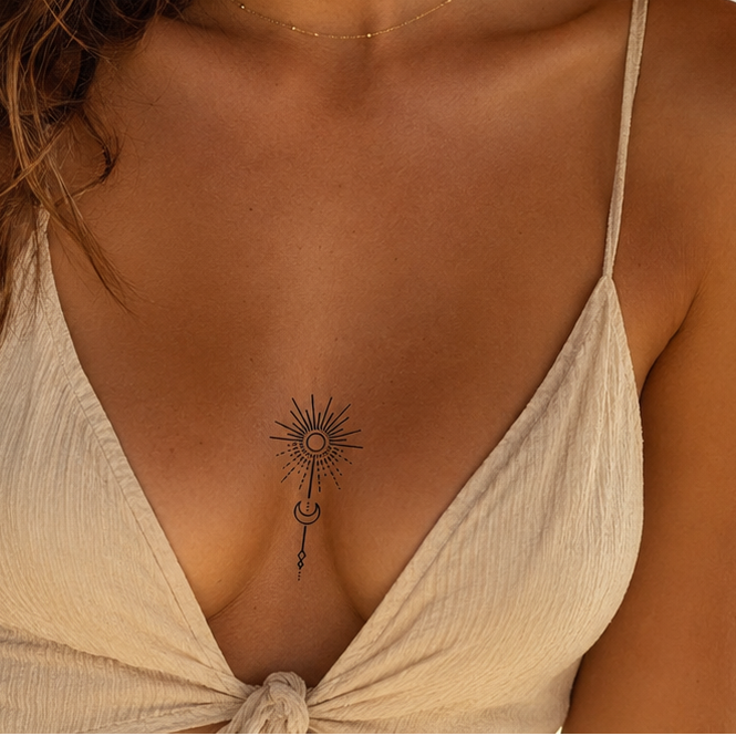 Sonne mit Halbmond Tattoo von minink, der Marke für temporäre Tattoos.