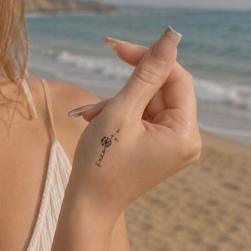 Schriftzug Tattoo Löwenzahn Free von minink, der Marke für temporäre Tattoos.
