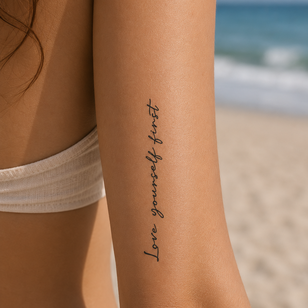 love yourself first Tattoo von minink, der Marke für temporäre Tattoos.