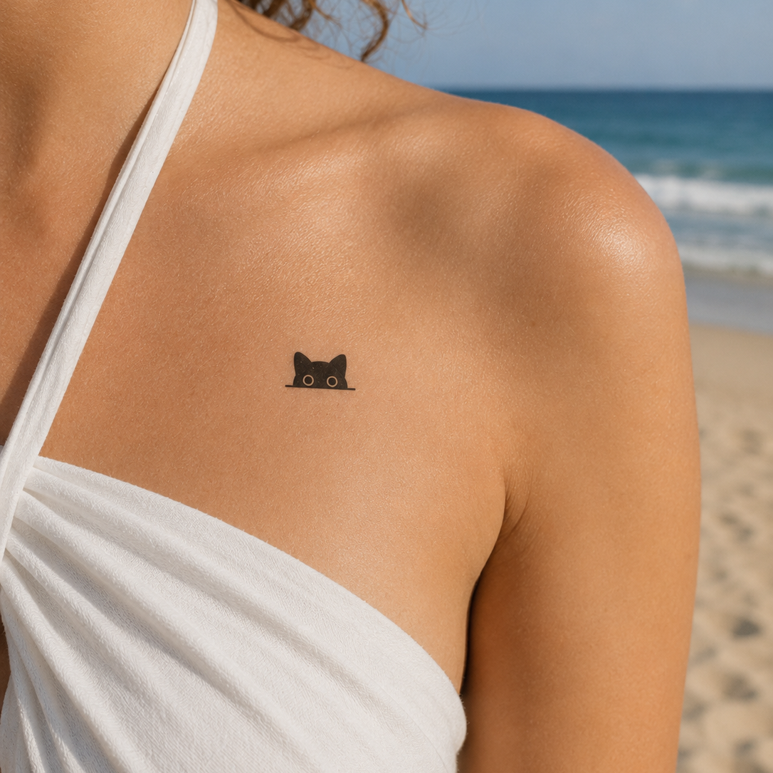 Neugierige Katze Tattoo von minink, der Marke für temporäre Tattoos.