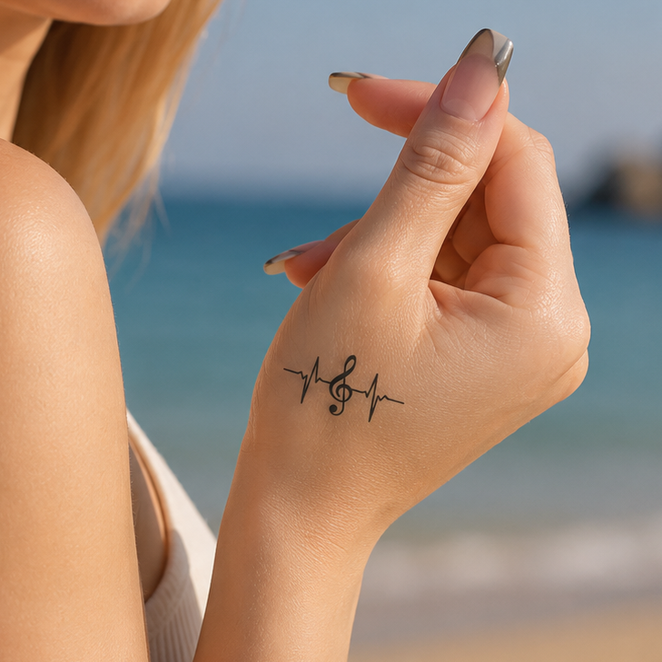 Musiknote und Herzschlag Tattoo von minink, der Marke für temporäre Tattoos.