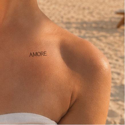 Schriftzug Tattoo AMORE von minink, der Marke für temporäre Tattoos.