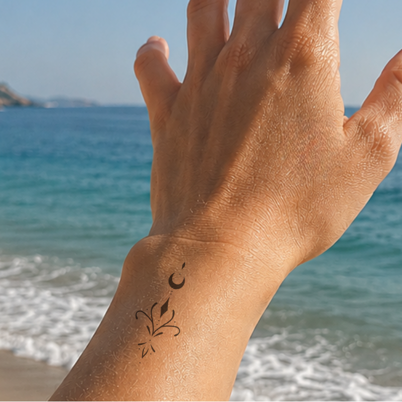 Temporäres Tattoo von minink: Mondornament mit floraler Spiegelung