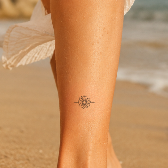 Sonnenblume mit Strich Tattoo von minink, der Marke für temporäre Tattoos.